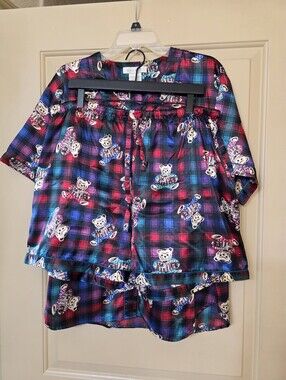 Vintage 90s ESleep Women XL Pajama Set Satin Plaid Teddy Bear Shorts Top 2 Piece